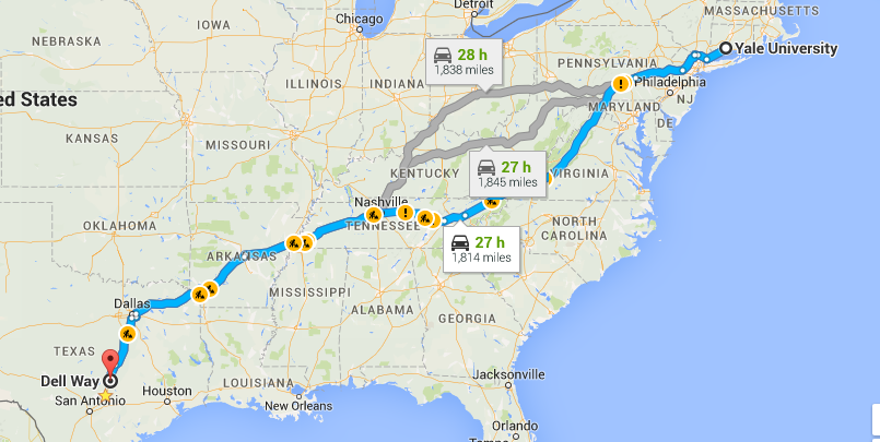 코네티컷에서 텍사스까지의 여정: 27시간으로 나와 있지만 숙박, 식사, 휴식 등을 합하면 실제로는 거의 4일 정도 걸렸다