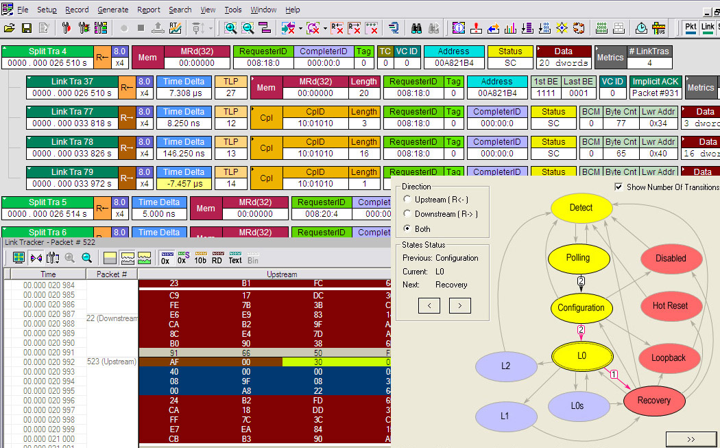 PCIe Analyzer에서 나오는 프로토콜 분석 화면 (출처: Teledyne 웹사이트)