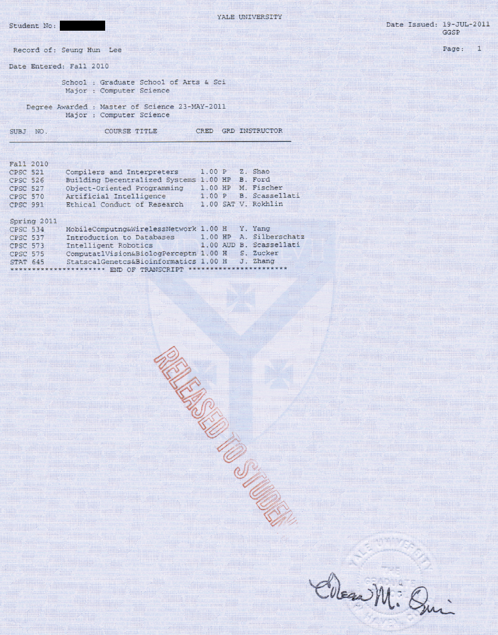 예일 석사 시절의 성적표. 지금은 한 장의 종이로 남아 있지만 나에게는 그 시절의 고생과 노력의 결과이다